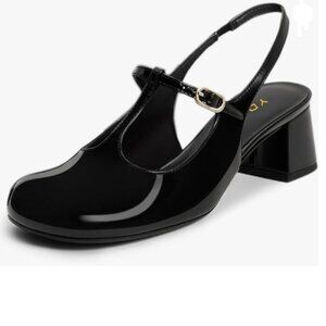 YDN Black Slingback Pumps T Strap Slip On Block Heel Closed Round Toe Dress Shoe